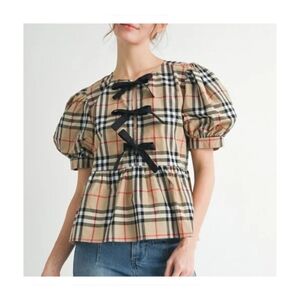 Jodifl Plaid Puff Sleeve Black Bow Peplum Top Size Medium